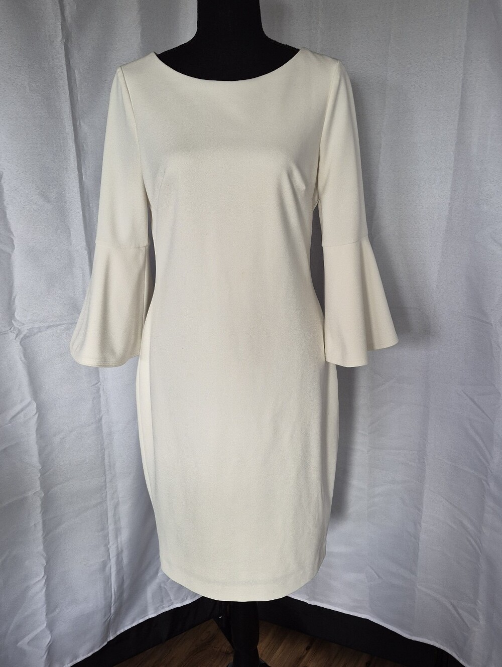 Calvin Klein Ivory Midi Dress with Bell Sleeves Size 10